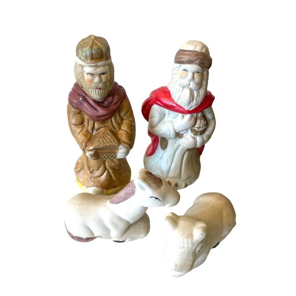 Vintage Nativity Set Wood Manger Stable 10 Hand Painted Bisque Ceramic Figurines - Picture 5 of 9